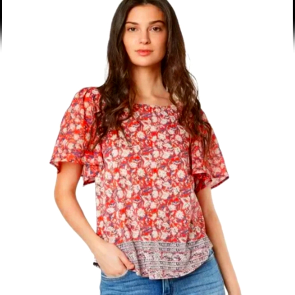 Lucky Brand Mixed Media Floral Flutter Short Sleeve Top sz M